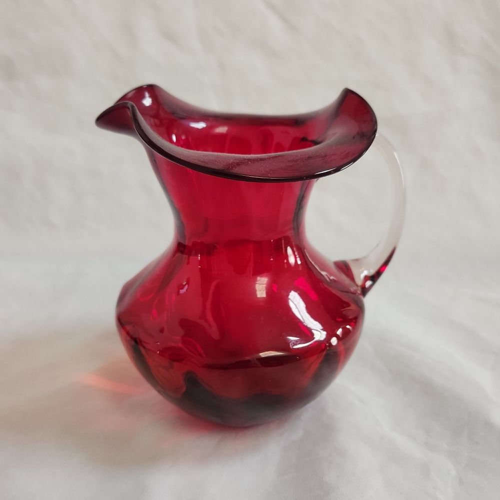 Vintage Ruby Red Small Pitcher Ruffle Top Art Glass AS IS